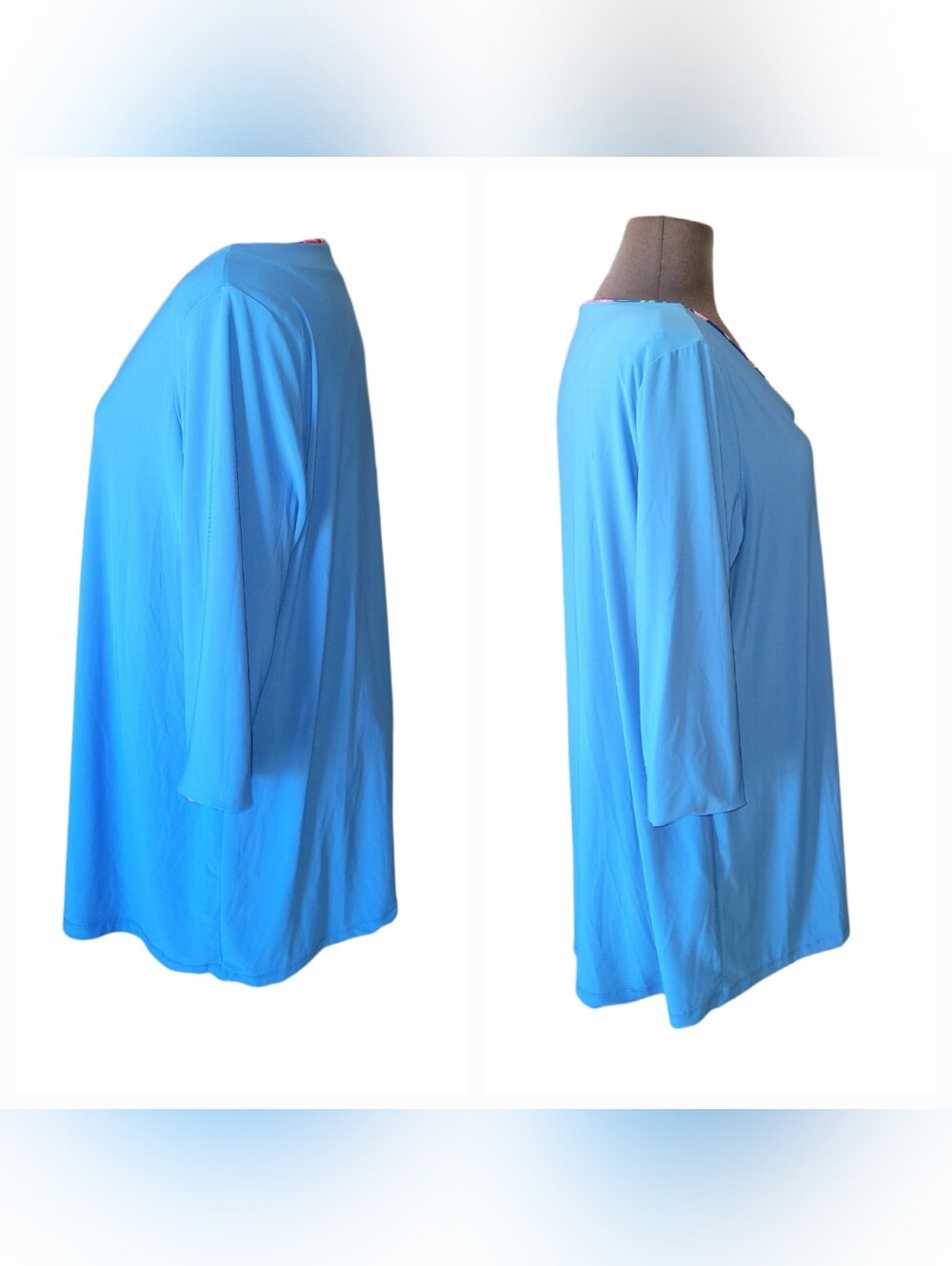 Attitudes By Renee Reversible Women’s V-Neck Tunic Top Blue Floral & Solid Blue - Picture 4 of 16